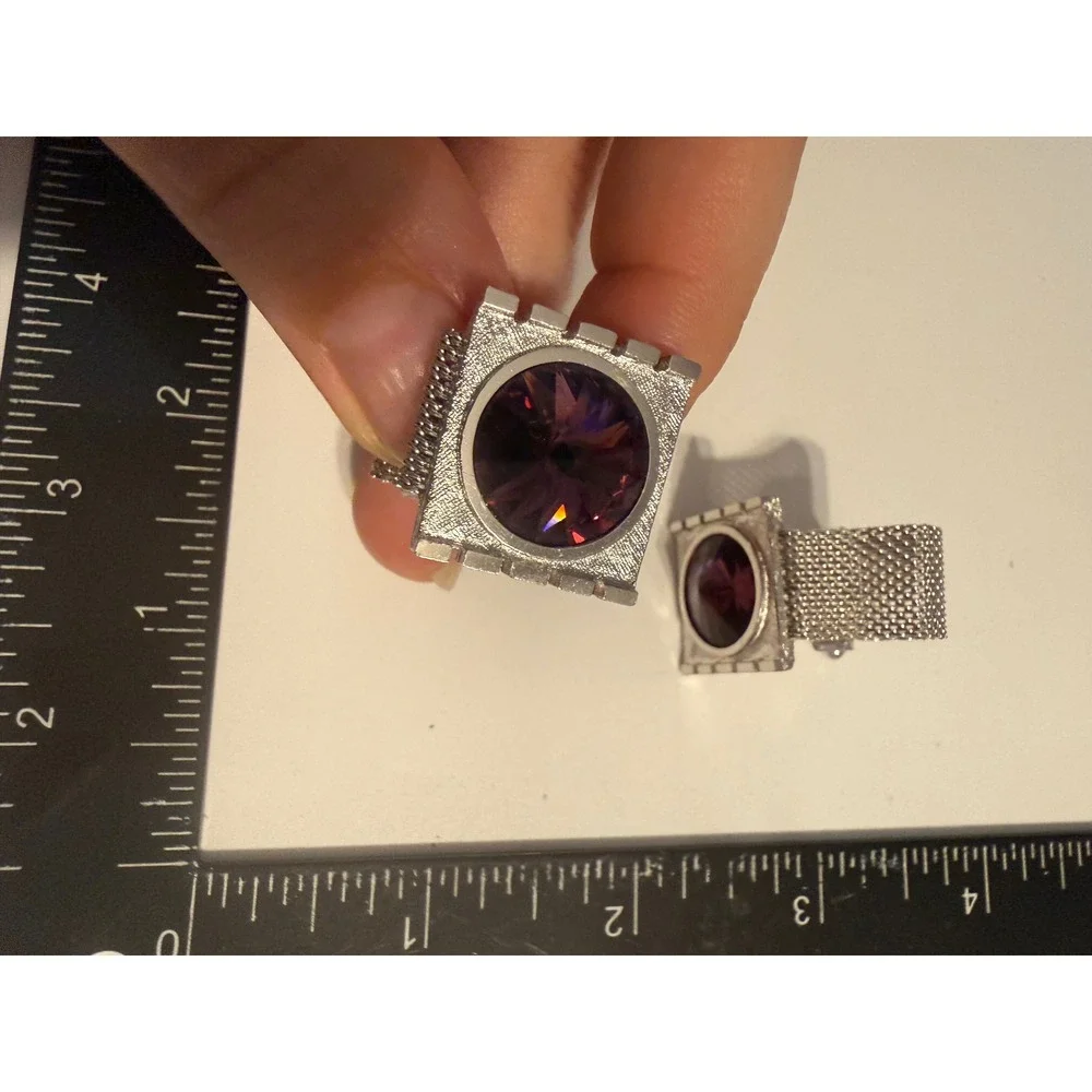 Vintage Shields Wrap‎ Around Mesh Cufflinks Purple Stone Silver Tone Brutalist